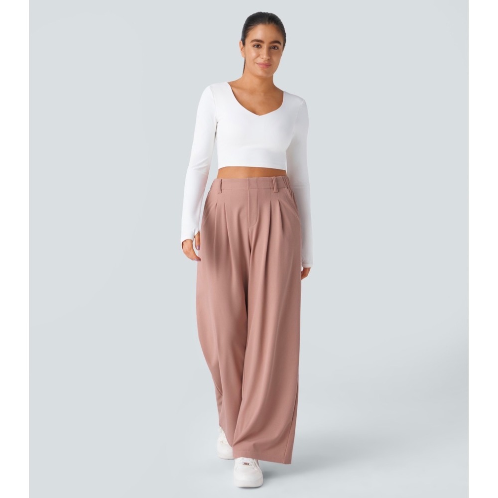 Halara High Waisted Pocket Wide Leg Waffle Work Pants Pink Pleated Trousers